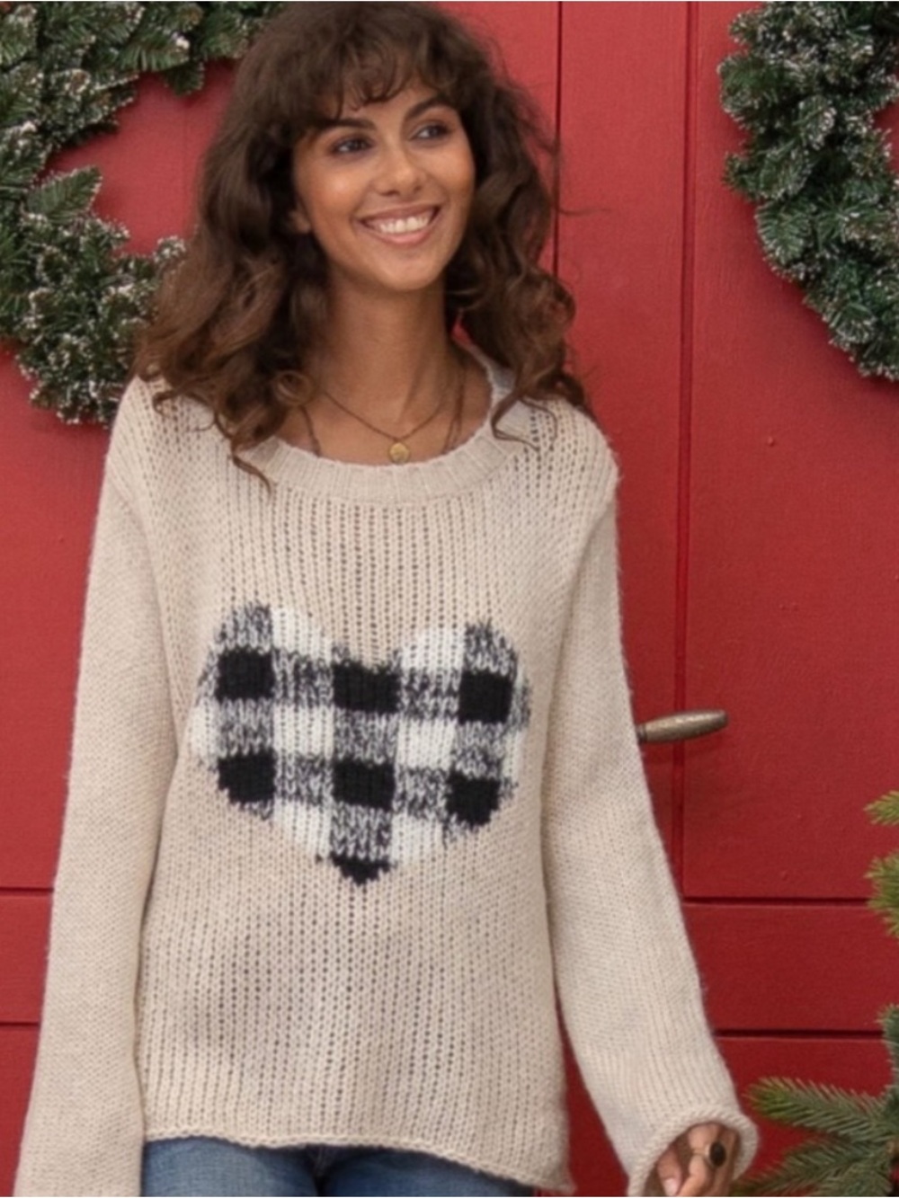 WOODEN SHIPS Plaid Heart Crew Sweater Mohair Wool
